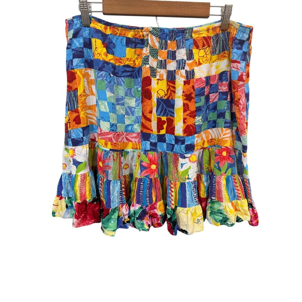 Jams World Vintage Hattie Multicolor Patchwork Ruffle Hem Mini Skirt Size XL